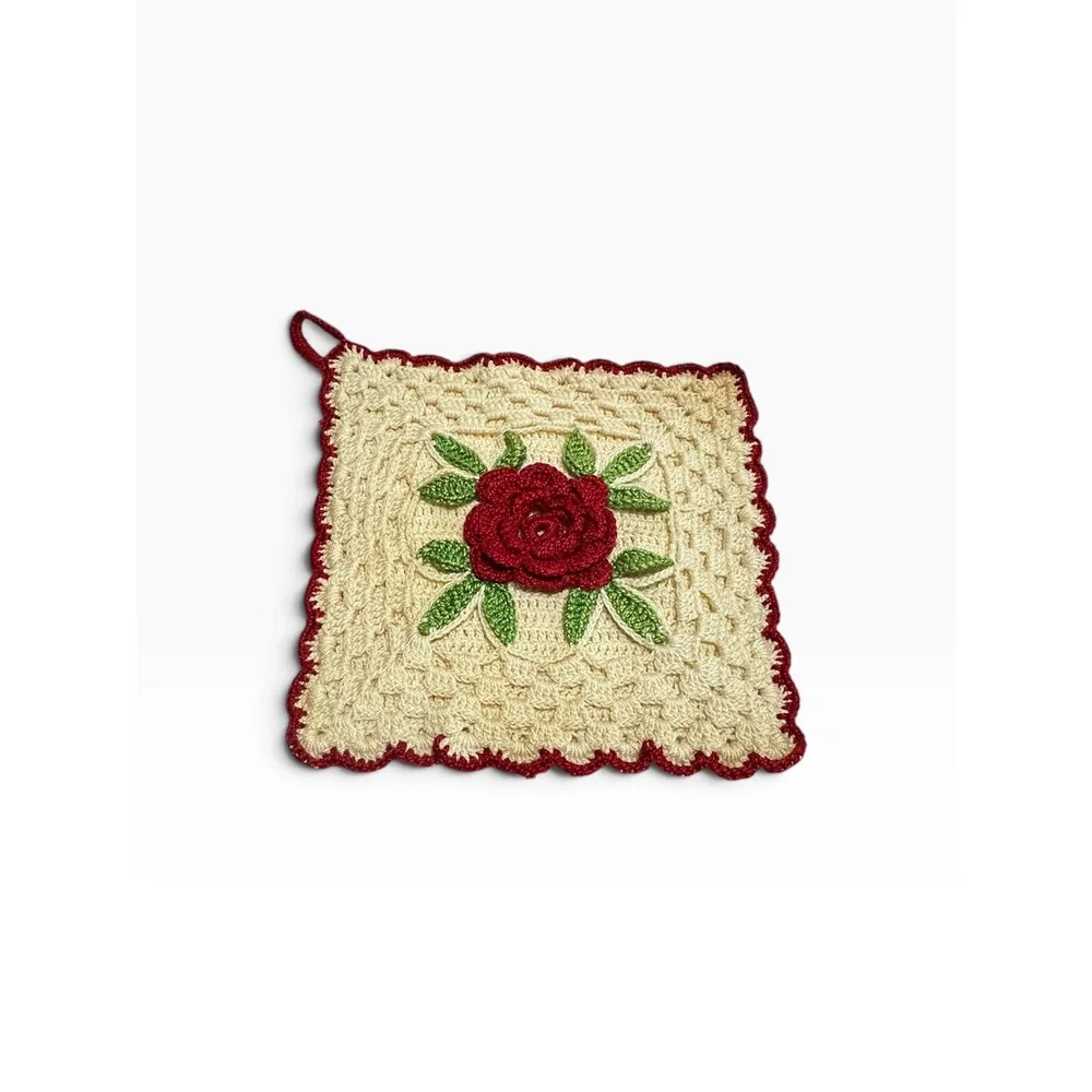 Handmade Crochet Potholder Red/Cream Vintage 3D Rose Floral Square